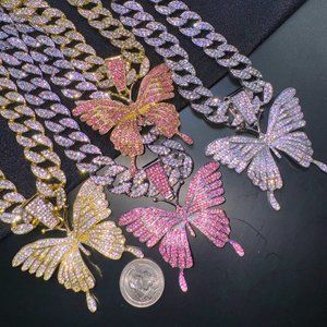 Iced Bling Out Butterfly Pendant, 18" Luxury Cuban Women Jewelry Chain Necklace